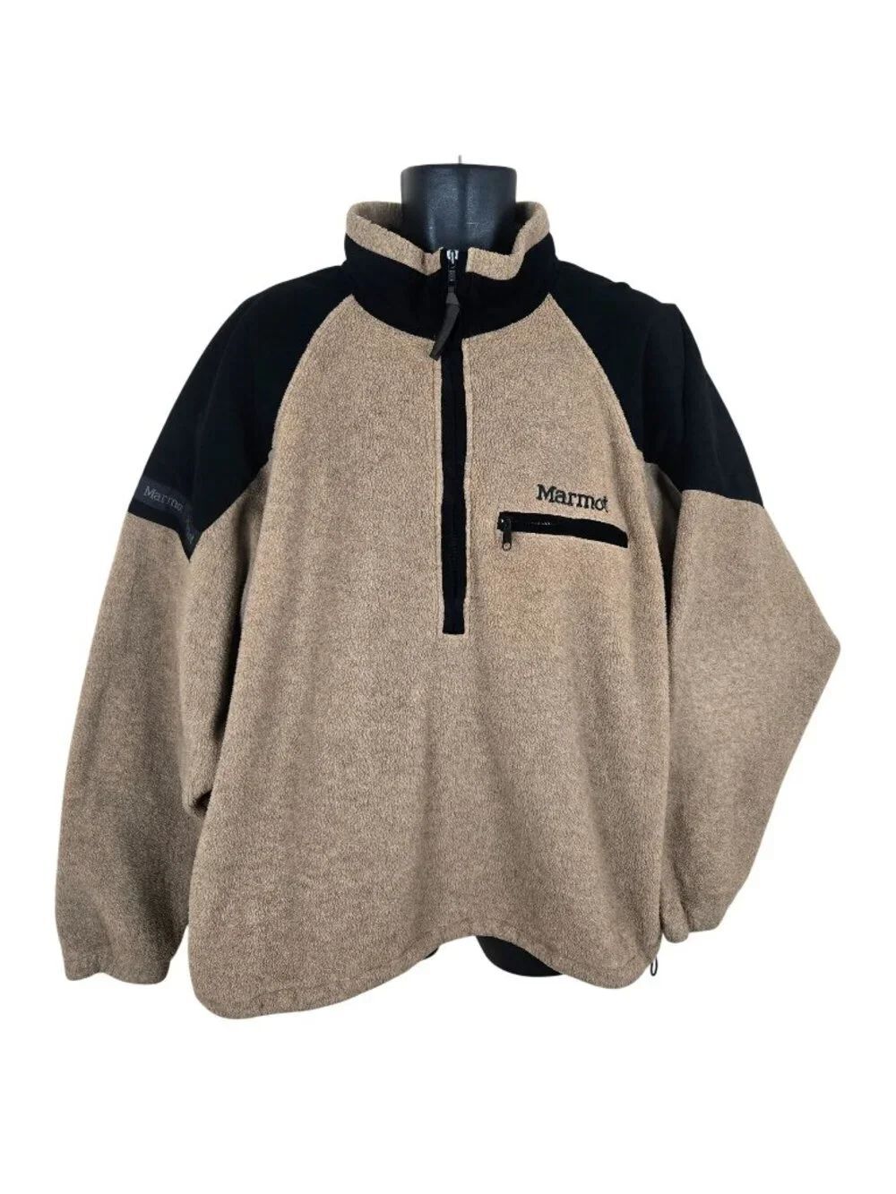 Vintage Marmot Tan Black XX-Large Fleece Pullover Jacket Zip Pocket Made In USA